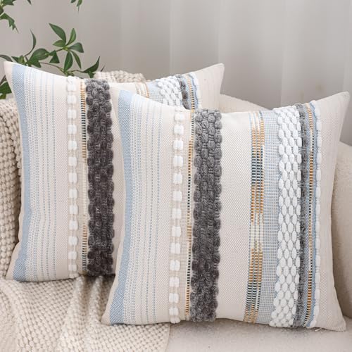 Boho Throw Pillow Covers 18x18 Set of 2 Striped Tufted Decorative Pillow Cases Accent Chenille Pillowcases Farmhouse Cushion Case Home Decor for Sofa Bed Living Room,Grey Blue White - color: Grey Blue White Stripe, size: 18" x 18" (Pack of 2)