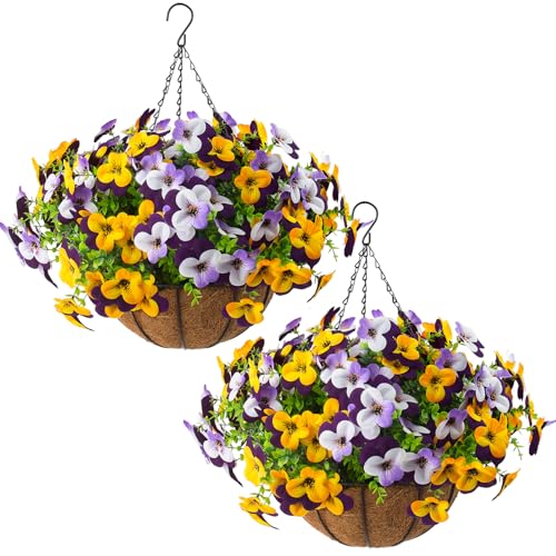 2 Set Artificial Outdoor Pansy Flowers with Hanging Baskets, 2 Hanging Baskets with 24 Pcs Silk Flowers for Spring Easter Decorations Porch Patio Home Decor (2, Purple, Yellow, White, Light Purple) - color: Purple, Yellow, White, Light Purple