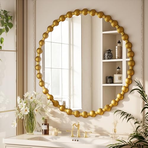 Easly Round Mirror for Wall, 32 Inch Gold Beaded Frame Decorative Vanity Mirror, Circle Bathroom Mirror with High-Definition Lense, Modern Wall Decor for Bathroom, Living Room, Bedroom, Entryway - color: Gold, size: 32"L x 32"W