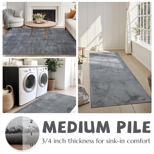 jinchan Solid Plush Runner Rug 2x5 Performance Shaggy Washable Hallway Rug Soft Modern Faux Wool Cozy Non Slip Carpet for Bedroom Laundry Room Living Room Kids Nursery Grey - color: Solid Grey, size: 2' x 5' (Runner)