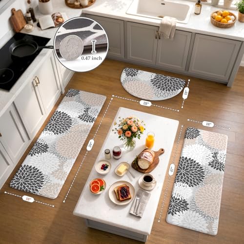 KIMODE Kitchen Mats for Floor Cushioned Anti Fatigue,Floral Farmhouse Kitchen Runner Rug Sets of 3 Non Slip,Waterproof Memory Foam Kitchen Carpet Runner Decor for Sink Laundry Bathroom,Pink - color: Pink/Grey, size: 18" x 28"+18" x 47"+18" x 59"-0.47 inch