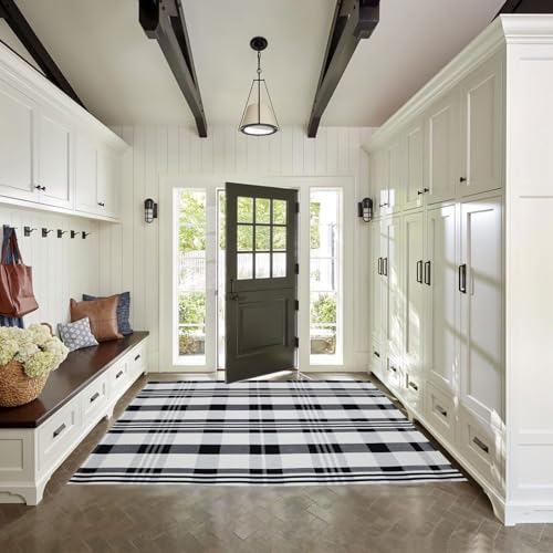 Fall Décor Plaid Rug, 4' x 6' Black&White Check Indoor/Outdoor Area Rug, Layering Rug for Hello/Welcome Door Mat, Machine Washable Cotton Woven Rugs for Farmhouse Front Porch, Entryway - color: Black & White Plaid X, size: 4' x 6' (Rectangular)