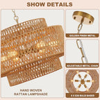 23.6" Gold Rattan Chandelier, 6-Light Hand-Woven Wicker Drum Chandelier, 3-Tier Boho Farmhouse Light Fixture for Dining Room,Kitchen Island,Living Room,Bedroom - color: gold 23.6"
