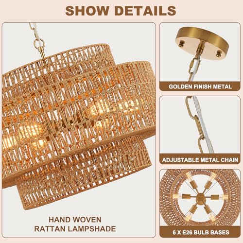 23.6" Gold Rattan Chandelier, 6-Light Hand-Woven Wicker Drum Chandelier, 3-Tier Boho Farmhouse Light Fixture for Dining Room,Kitchen Island,Living Room,Bedroom - color: gold 23.6"