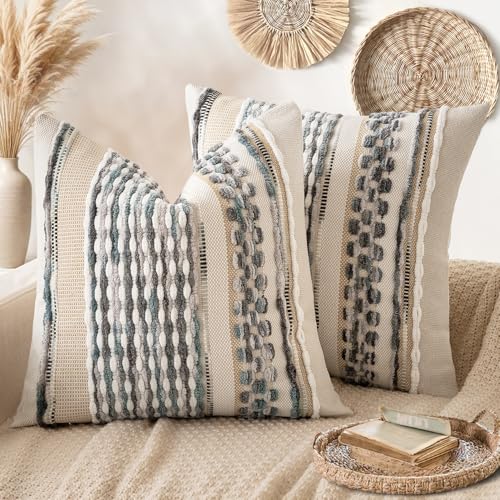 ANRODUO Pack of 2 Boho Decorative Throw Pillow Covers 18x18 Farmhouse Cushion Case Striped Chenille Pillow Cases Square Pillow Covers Accent Neutral Pillowcase for Sofa Couch Bed, Gray Blue Stripe - color: Gray Blue Stripe, size: 18" x 18" (Pack of 2)