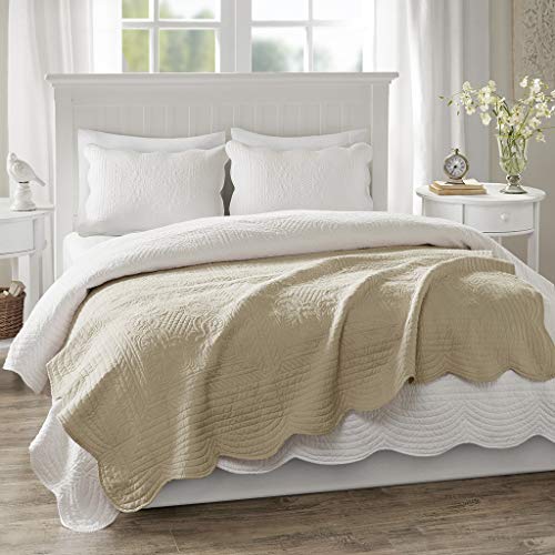 Madison Park Luxe Quilted Throw Blanket - Damask Stitching Design, Cotton Filled Spread, Ultra Soft, Cozy Bedding for Living Room Couch, Sofa, Bed, 60x72", Scalloped Borders Khaki - color: Scalloped Edges Khaki, size: 60"x72"