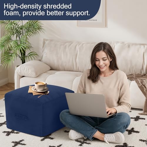 MeMoreCool Square Stuffed Pouf Ottoman Foot Rest, Floor Pouf Foot Stool with Foam Chunk Filling, Soft Stuffed Ottoman Footrest for Living Room, Navy - color: Grid Navy