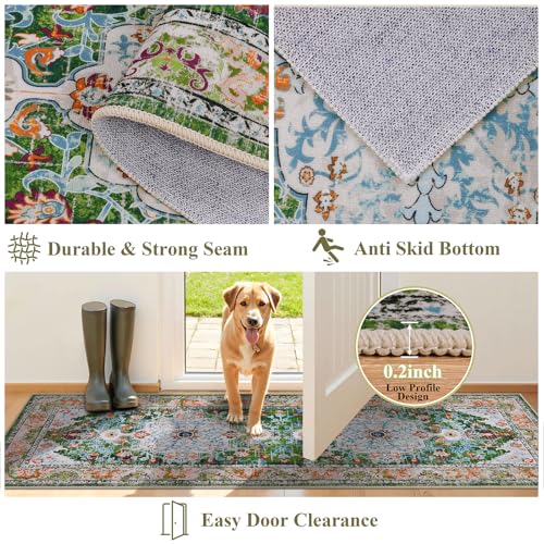 U'Artlines 2' x 6' Boho Hallway Runner Rug, Non Slip Washable Vintage Farmhouse Kitchen Rug Accent Area Carpet for Entryway Laundry and Living Room (Green) - color: Green, size: 2' x 6' (Runner)