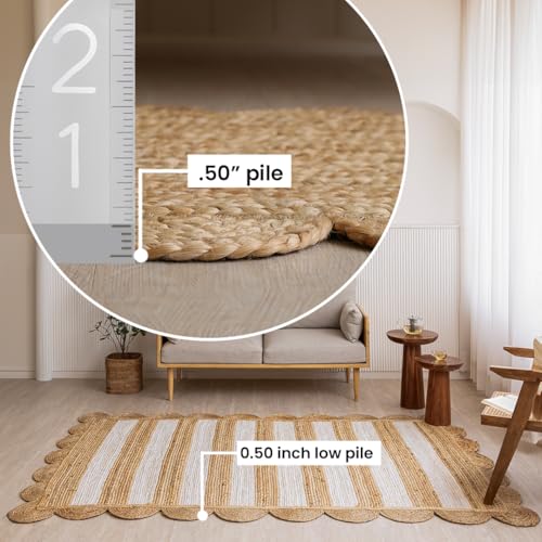 HOMEMONDE Scalloped Jute Area Rug 6'x9' Natural Stripe - Boho Home Décor Farmhouse Style Eco-Friendly Fiber Rug Hand Braided Rustic Vintage for Living Room, Bedroom, Dining Room, Hallway, Kitchen - size: 6' x 9' (Rectangular)