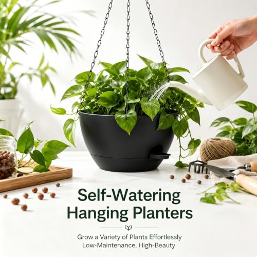 12 Inch Self Watering Hanging Planters 2 Pack, Indoor Outdoor Hanging Pots for Plants with Drainage Holes & Saucers, Black Plastic Hanging Baskets for Kitchen Balcony Garden - color: Black
