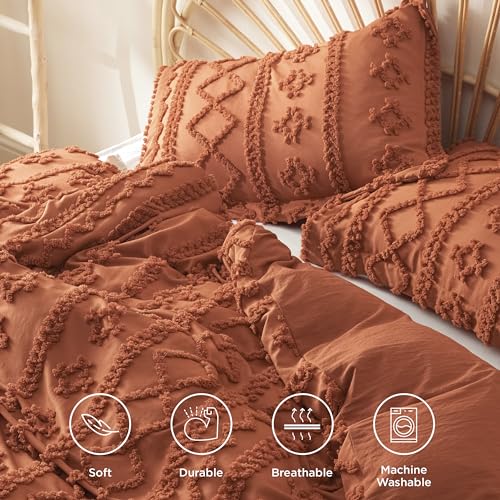 Bedsure Boho Duvet Cover King Size, Soft & Comfortable Elegant Design Boho Bedding for Decoration, Machine Washable Comforter Cover for All Seasons,Includes 1 Duvet Cover & 2 Pillow Shams,Terracotta - color: 05 - Terracotta - Elegant (No Comforter), size: