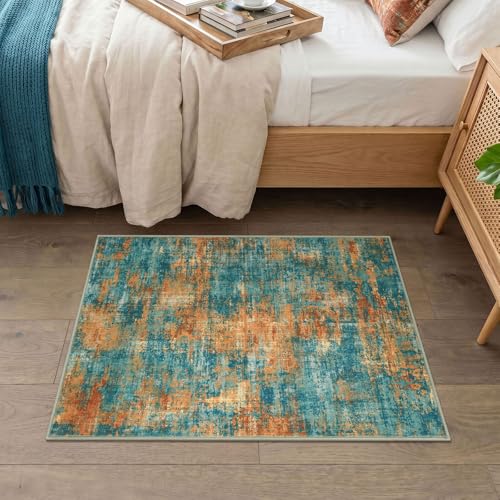 Lansny Abstract Small Area Rug 2x3 Entryway Rugs Washable Indoor Door Mat Entrance, Colorful Non Slip Kitchen Rugs, Throw Rug Printed Faux Wool Floor Carpet for Front Door Foyer Entry Sink - color: Vintage Teal / Orange / Rust, size: 2' x 3' (Rectangular)