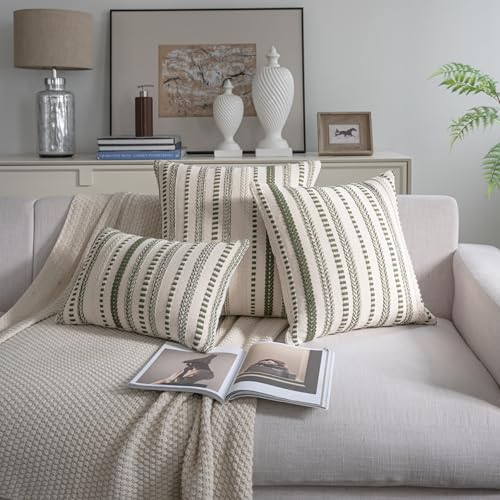 Cethom Green Boho Throw Pillow Covers 20x20 Inch Set of 2, Stripe Textured Decorative Couch Pillow Cases for Bed, Sofa, Living Room, Bedroom, Farmhouse Home Accent Cushion Covers - color: Green, size: 20" x 20" (Pack of 2)