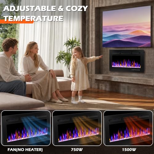 BETELNUT 30" Electric Fireplace Wall Mounted and Recessed with Remote Control, 750/1500W Ultra-Thin Wall Fireplace Heater W/Timer Adjustable Flame Color and Brightness, Log Set & Crystal Options - size: 30 Inch
