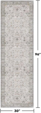 Light Gray Washable 2'6"x8' Wide Runner Rugs for Kitchen, Bathroom, Hallway, Non-Slip & Stain Resistant Long Floor Rug, Neutral Boho Floral Décor