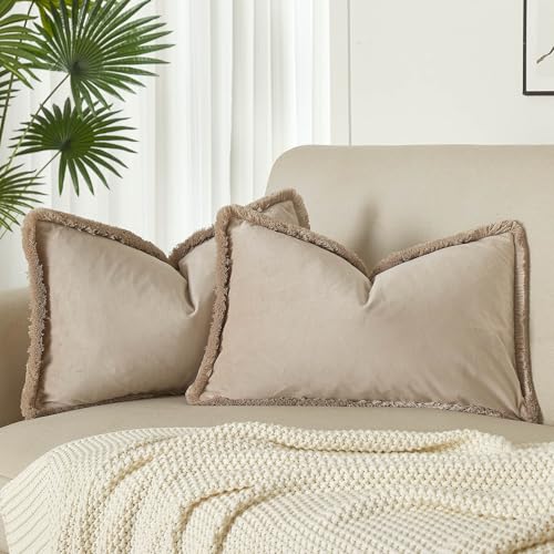 JUSPURBET Champagne Decorative Lumbar Velvet Fringe Throw Pillow Covers 12x20 Set of 2 Boho Soft Cushion Case for Home Decor Living Room Couch Sofa Bed - color: Champagne, size: 20" x 12" (Pack of 2)