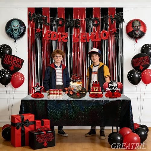 Black Red Party Streamers Backdrop - GREATRIL Foil Fringe Tinsel for Stranger/Friday Party/Halloween Party Decorations - 3.2ft X 8.2ft - 2 Packs - color: Black Red