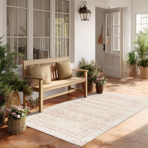 BILEEHOME Vintage Pink Rug 3x5 Washable Non Slip Floral Aesthetic Indoor Rugs for Entryway Kitchen Low Pile Carpet for Laundry Room Bathroom Front Door Mat for Entrance 3 x 5 - color: Pink, size: 3' x 5' (Rectangular)