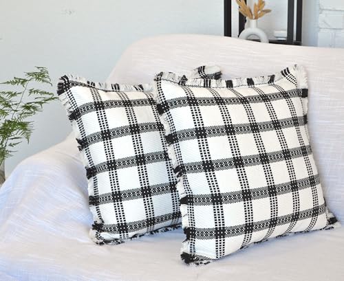 Checkered Throw Pillow Covers with Fringe Set of 2 Woven Cotton Plaid Cushion Covers With Tassels Trim Edge Square Pillow Cases Classic Scandinavian Cottagecore Checks Pattern Black and White 20x20 - color: Black, size: 20" x 20" (Pack of 2)