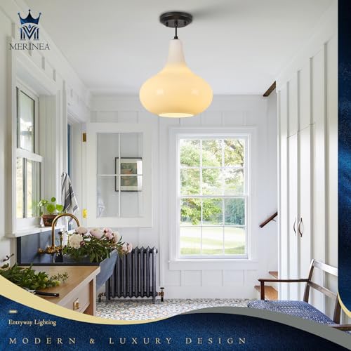 11" Milk White Glass Pendant Light – Modern Ceiling Hanging Fixture Matte Black for Kitchen Island, Dining Room, Hallway – E26 Base - color: White