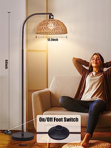 Brilvibera Boho Floor Lamp with Remote – Bronze Tall Lamp with Stepless Dimmable Bulb and Adjustable Rattan Shade for Living Room, Bedroom, Office - style: Bronze Rattan Standing Floor Lamp