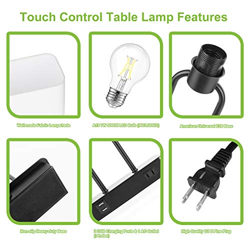 Bedside Touch Control Table Lamp with Dual USB Charging Ports 1 AC Outlet, 3 Way Dimmable Modern Nightstand Lamp with White Fabric Shade, Desk Lamp for Bedroom Living Room Office with 5000K LED Bulb - color: White