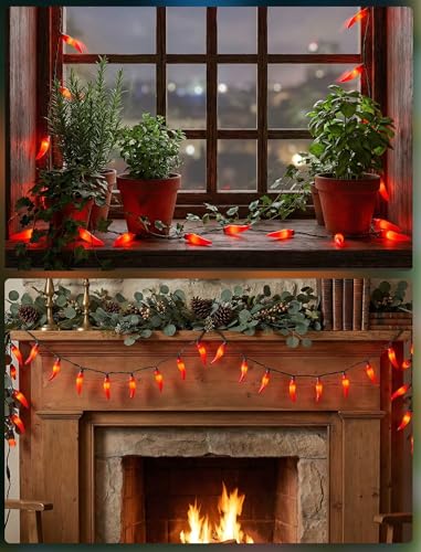 35 LED Red Chili Pepper Christmas Lights, 13.6Ft Outdoor String Lights with Warm White Bulbs, Plug in Fairy Lights for 4th of July Kitchen Patio Garden Decor, Cook Off Decorations for Cinco De Mayo - color: Red Pepper