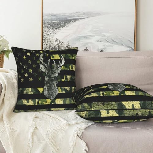Flag Deer Hunting Throw Pillow Covers 18 X 18 Inch Set of 2 Pillow Cases Decoration Cushion Cover for Sofa Bedroom Living Room Outdoor - color: Flag Deer Hunting