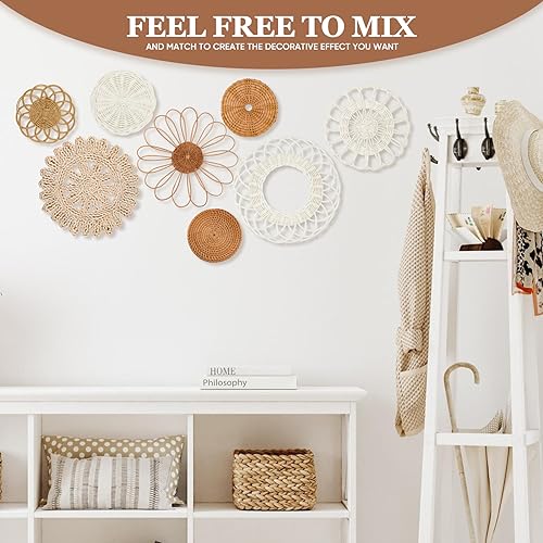 Boho Wall Basket Decor Set of 8,Rattan Flower Wall Decor,Flat Woven Baskets Wall Hanging Decor,Unique Boho Wicker Seagrass Wall Decor(Rattan Classic) - style: Classic rattan