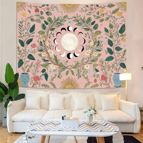 Wegklazax Moon Phases & Floral Tapestry, Aesthetic Botanical Wall Art for Room Decor, Pink Bohemian Home Decor 60" L x 44" W - color: Pink, size: 60"L x 44"W