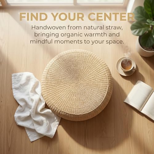 Hand Woven Round Floor Cushion 2 Piece Set, 15.75 Inch Natural Straw Pouf Ottoman, Boho Handmade Seat Footstool for Living Room Bedroom Patio