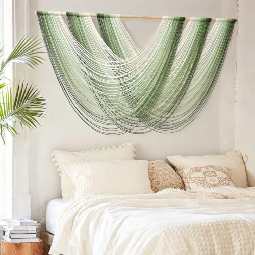 Flber Macrame Wall Hanging Large Boho Green Wall Art Decor 57" W x 31" L | green macrame Wall Decor for Living Room Bedroom fiber wall art craftsmanship home decor macrame tapestry Easy to Hang - color: Green1