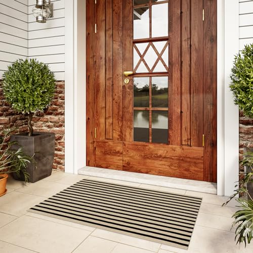 LEEVAN Black and White Front Door Rug 2.3x3.6, Striped Outdoor Rug Washable Welcome Layered Door Mats, Woven Front Porch Decor Indoor Entrancet Dooramts - color: Black and Tan, size: 2'4" x 3'7" (Rectangular)