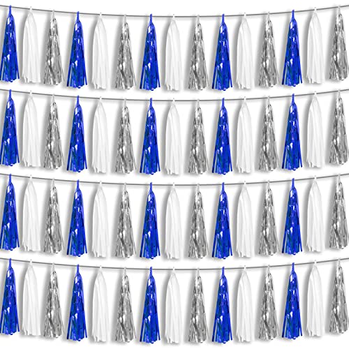 4P Navy-Blue White-Silver Foil Fringe Metallic Tassel Garland Banner, Tassels Banner Streamers for Parade Floats, Bachelorette, Wedding, Birthday, Halloween, Bridal/Baby Shower Party Decorations - color: Blue White Silver