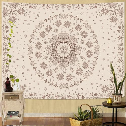 Fowocu Boho Floral Mandala Tapestry Wall Hanging Bohemian Flower Medallion Tapestry Aesthetic Beige Brown Hippie Indian Small Tapestries for Bedroom Living Room Dorm Decor 90 x 68 Inch - color: Brown, size: 90"L x 68"W