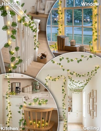 suddus Vines with Fairy Lights Battery & USB Powered Operated, 33ft 100 LED Monstera Leaves String Lights with Remote, Artificial Plants for Indoor, Bedroom, Wall, Party Tropical Decor(Warm White) - color: Monstera, size: 100 LED-Battery-Copper