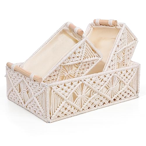 ANMINY 3PCS Macrame Storage Baskets for Organizing Boho Decor Baskets Storage Bins with Wood Handles Handmade Decorative Storage Boxes with Removable Liner Toilet Tank Bathroom Self Basket Organizer - color: Off White (Set of 3)