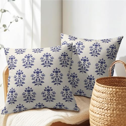 Blue Flower Pillow Covers 16x16 Inches Block Print Blue Vintage Farmhouse Boho Floral Throw Pillow Case Set of 2 Pillow Cover Cotton Linen Cushion Cover for Home Couch Sofa Bedroom Livingroom - color: Blue Flower240413, size: 16" x 16" (Pack of 2)