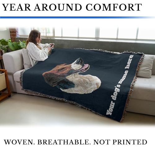 Pure Country Weavers English Foxhound Dog Personalized Woven Blanket Blue by Robert May - Gift Cotton Tapestry Throw - Made in The USA - 72" x 54" - color: Blue, size: 72" x 54" - Custom