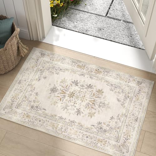 jinchan Floral 2x3 Rug for Entryway - Vintage Washable Area Rug Ultra-Thin Low Pile Soft Small Non Slip Distressed Indoor Door mat Accent for Entrance Kitchen Bedroom Bathroom (2x3ft, Light Grey) - color: Floral Light Grey, size: 2' x 3' (Buttery Soft)