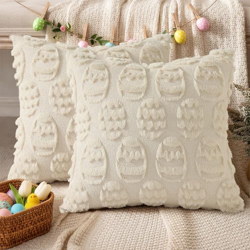 decorUhome Easter Beige Egg Pillow Covers 16x16 Inch Set of 2, Soft Plush Faux Wool Jacquard Cushion Covers, Farmhouse Neutral Fuzzy Spring Easter Holiday Decor for Couch Sofa Bed - color: Eggs Beige, size: 16" x 16" (Pack of 2)