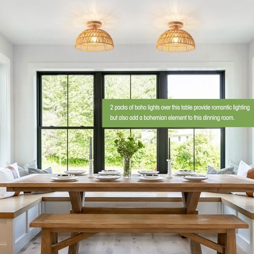 2 Packs Boho Light Rattan Chandelier Ceiling Lighting Fixtures,Boho Lamp Shade Flush Mount Ceiling Light Hand-Woven Small Chandelier for Hallway Bedroom Kitchen Nursery Lights - color: Brown-Ceiling light (2 sets)