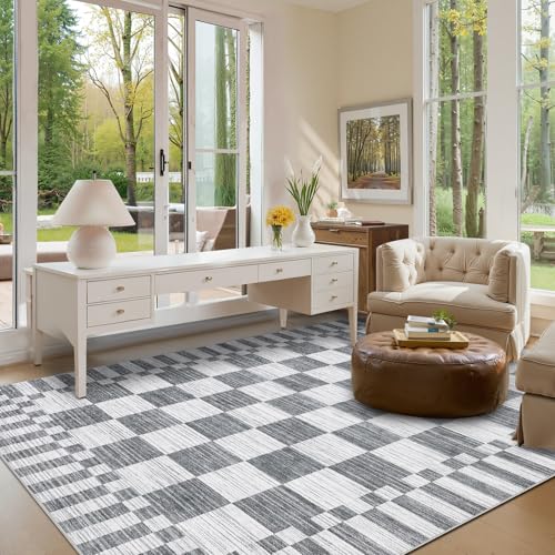 GarveeHome Grey Checkered Rug 6×9 Area Rugs for Living Room，Non-Slip Washable Rug Soft Low-Pile, Modern Farmhouse Geometric Rugs for Bedroom Dining Room - color: Grey, size: 6' x 9' (Rectangular)