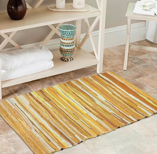 Cotton Hand Woven Chindi Rug 2x3 Feet - Mustard, Farmhouse Small Soft Durable Handmade Throw Carpet for Entryway, Kitchen, Laundry Room | Yellow Braided Textured Rectangular Rag Rugs for Bathroom - color: Mustard, size: 2 x 3 feet