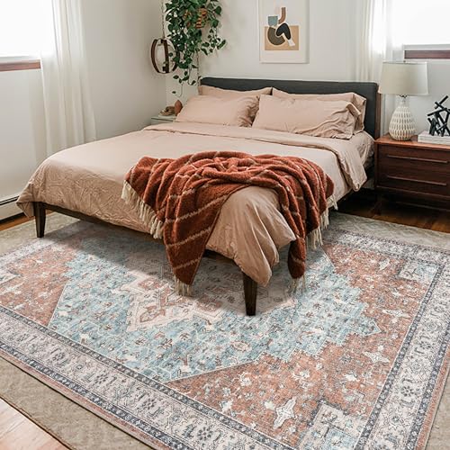 BILEEHOME Bohemian Rug 5x7 for Living Room Washable Machine Weave Mid Century Modern Bright Colors Dynamic Colorful 70s Funky Vintage Area Rugs,Terracotta Rust Burnt Orange and Turquoise Blue - color: Terracotta Turquoise, size: 5' x 7' (Rectangular)