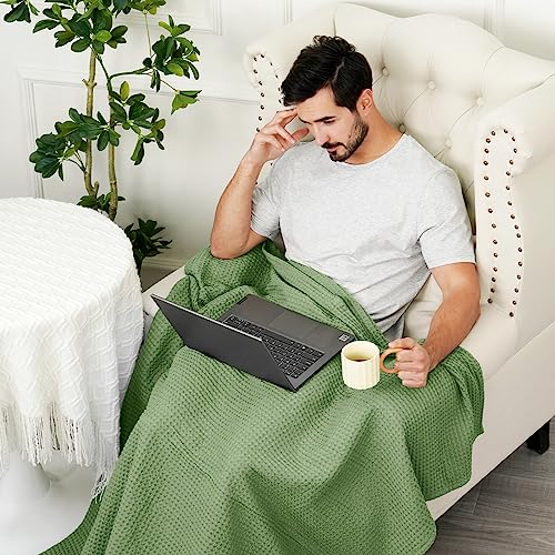 PHF Pre-Washed 100% Cotton Waffle Weave Throw Blanket for Couch, Lightweight Breathable Bed Blanket for Spring Summer, Snag Proof Machine Washable, Home Decor Gift - Loden Green - color: Loden Green, size: Throw(50" x 60")