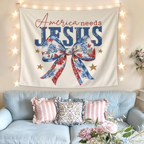 Lacama Christian Bow Tapestry, Cute independence day Tapestry Decorative for Room Bedroom College Dorm Apartment, 50x60 Inches - color: America needs jesus