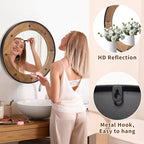 Rustic Round Wall Mirror 24 Inch, Natural Wood Frame with Black Metal Trim, Industrial Farmhouse Style Wall Mirror with Decorative Nailhead Accents for Bathroom, Living Room, or Entryway