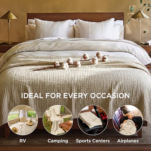 Bedsure 100% Cotton Muslin Blanket Queen Size for Bed - 4-Layer Breathable and Lightweight Soft Gauze Muslin Blankets for Adults, PureWoven Thin Summer Blanket, All Season, Linen Beige, 90x90 Inches - color: 00 - Beige, size: Queen (90" X 90")
