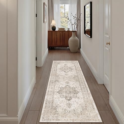 PureCozy Taupe Runner Rug 2x6 Hallway Kitchen Washable Vintage Carpet Non Slip Retro Distressed Low Pile Soft Oriental Medallion Thin Long Throw Rug for Entryway Bathroom Office Laundry Dining Room - color: Accent | Taupe, size: 2' x 6' (Runner)